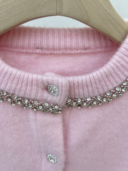 Pink Cropped Cardigan with Rhinestone - Embellished Collar