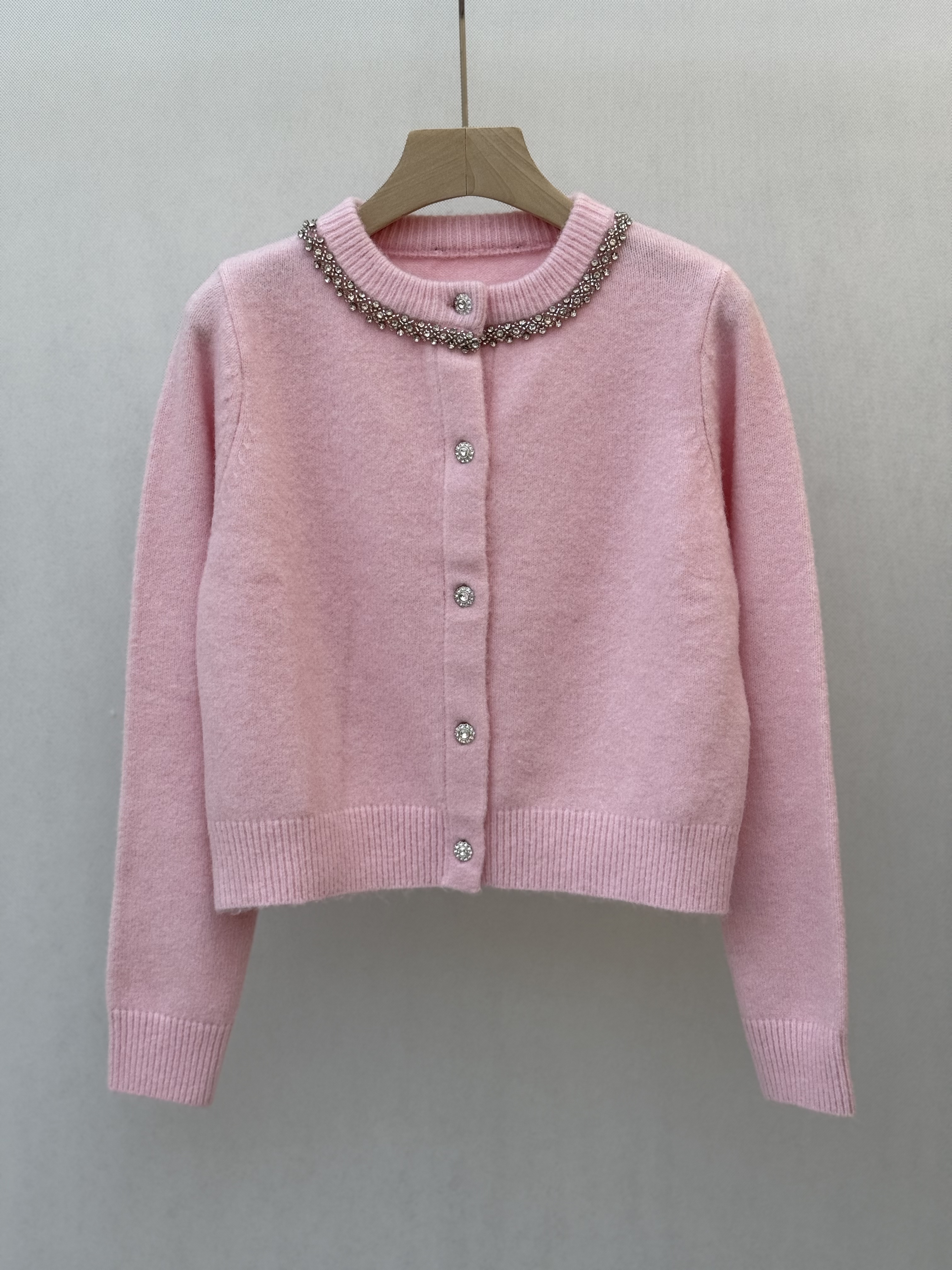 Pink Cropped Cardigan with Rhinestone - Embellished Collar