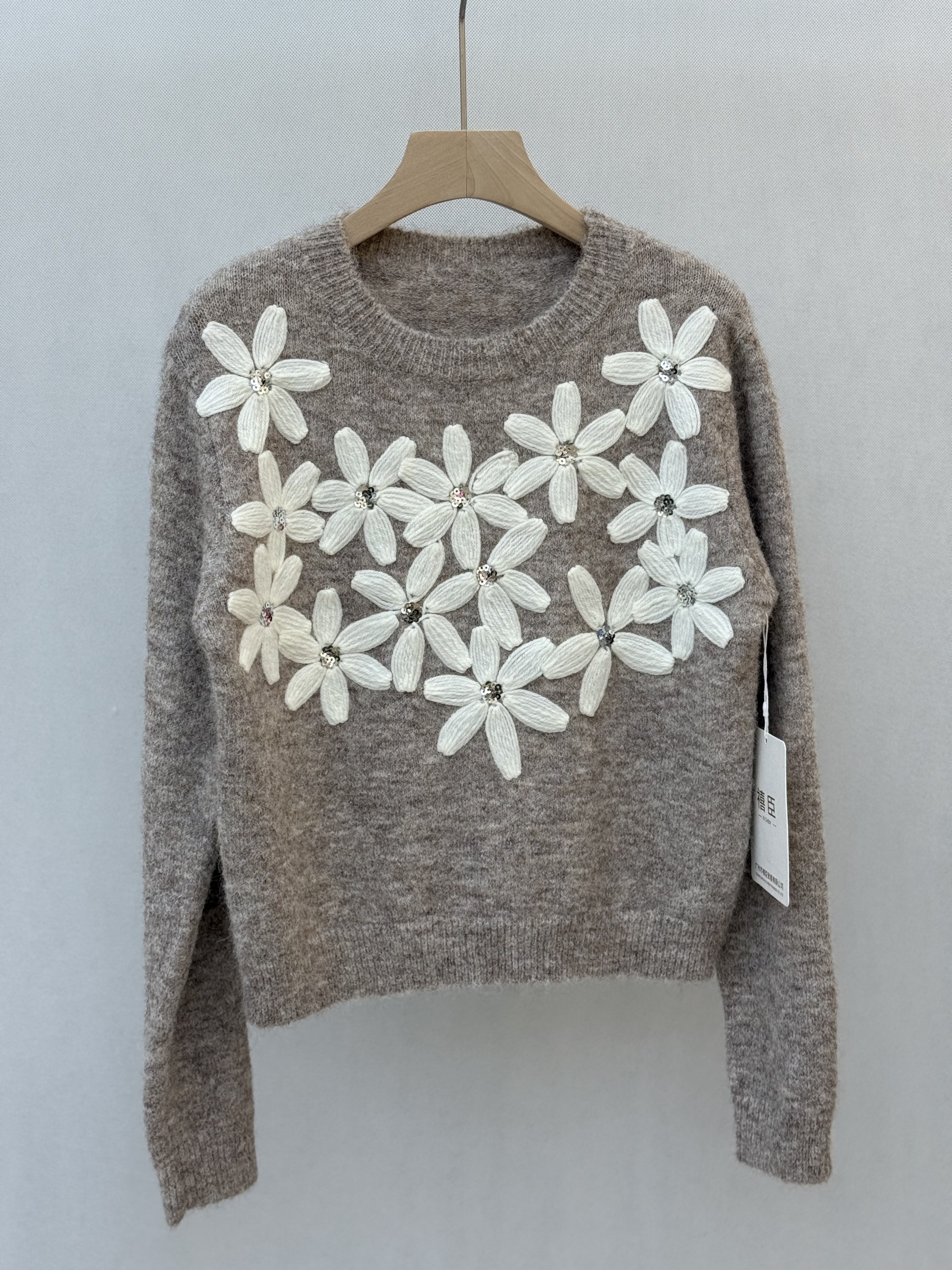 Grey Fuzzy Knit Sweater with Embroidered White Flowers and Rhinestones