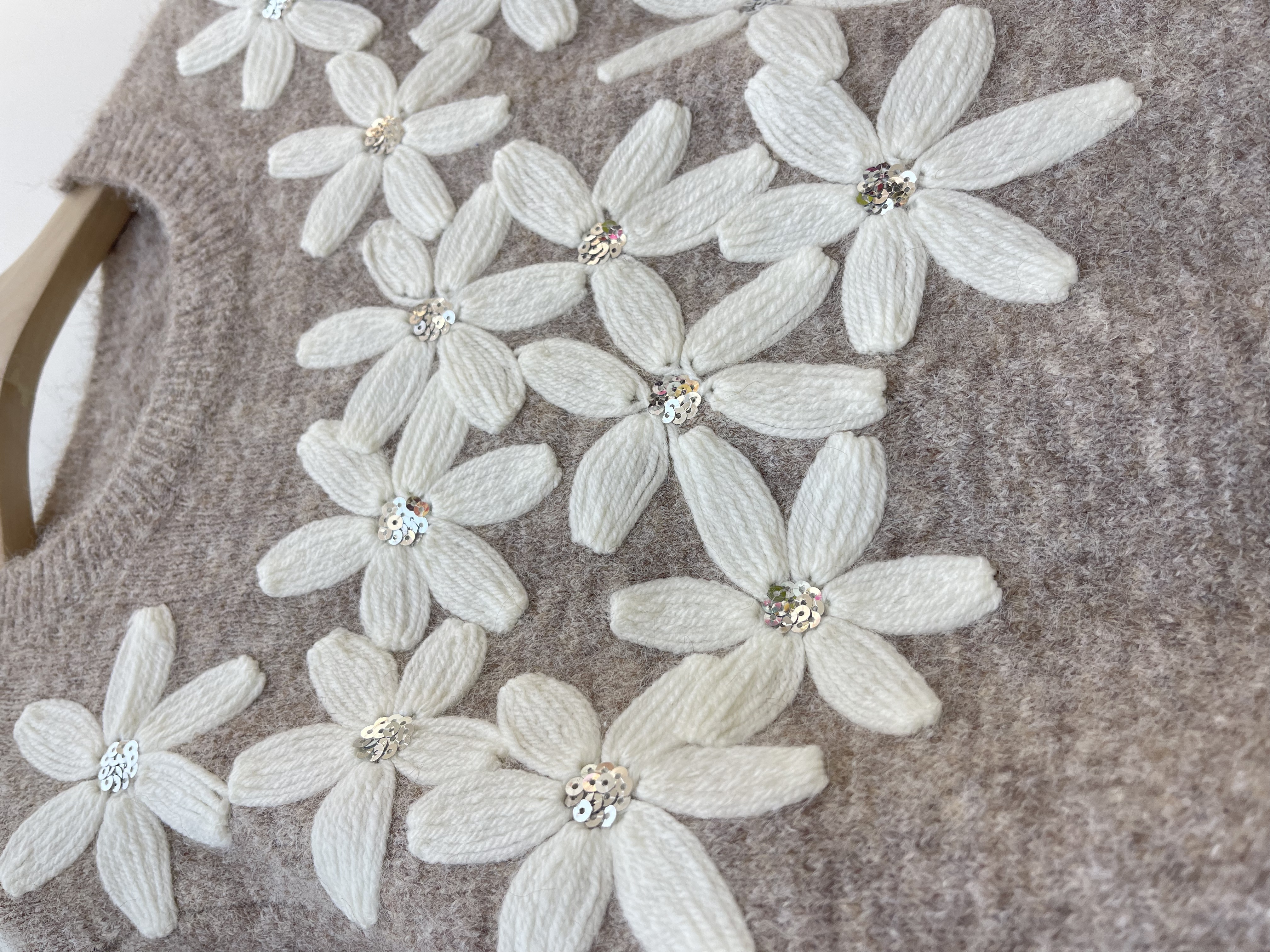 Grey Fuzzy Knit Sweater with Embroidered White Flowers and Rhinestones