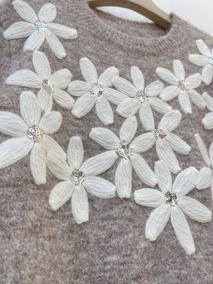 Grey Fuzzy Knit Sweater with Embroidered White Flowers and Rhinestones