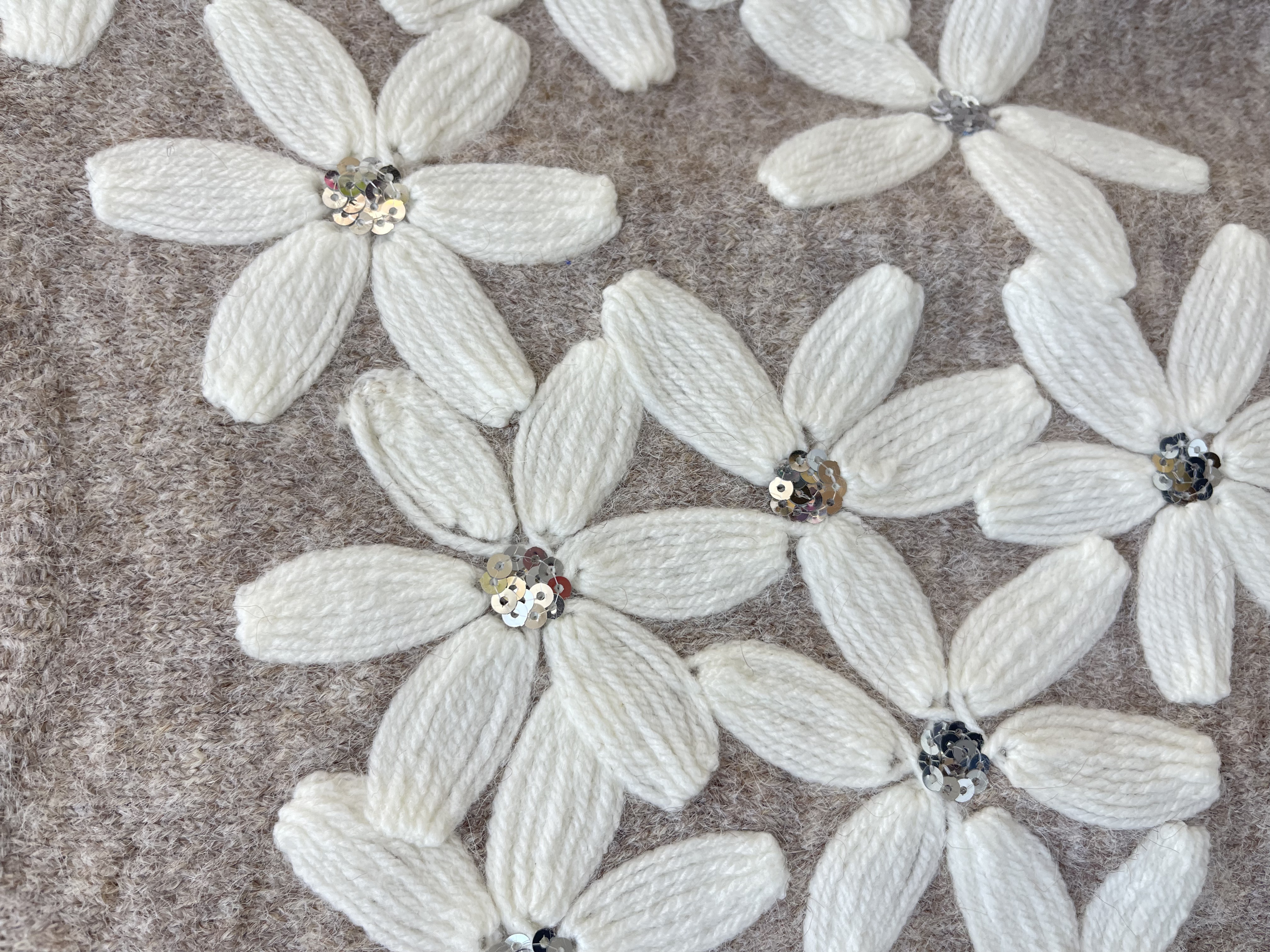 Grey Fuzzy Knit Sweater with Embroidered White Flowers and Rhinestones