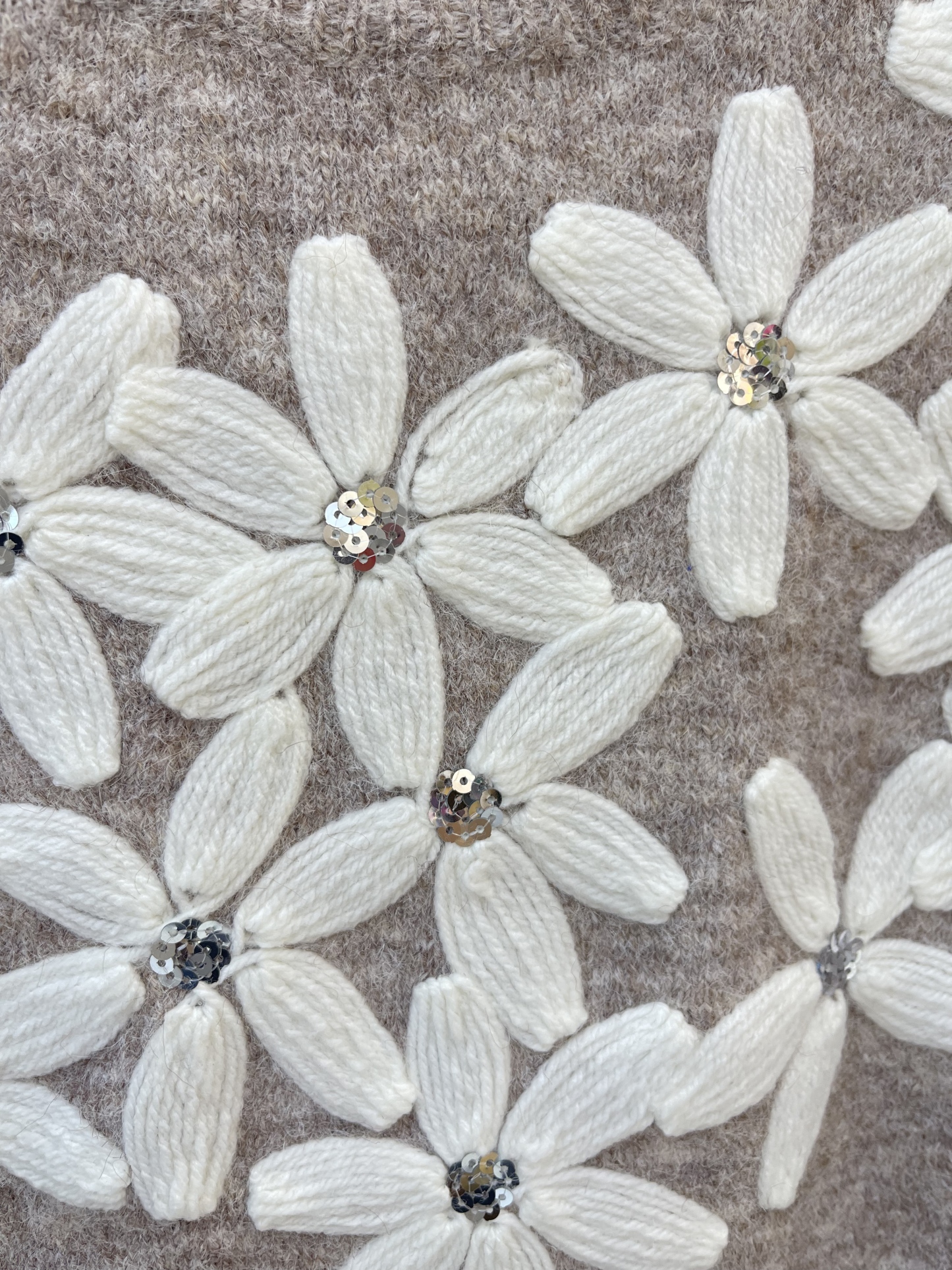 Grey Fuzzy Knit Sweater with Embroidered White Flowers and Rhinestones