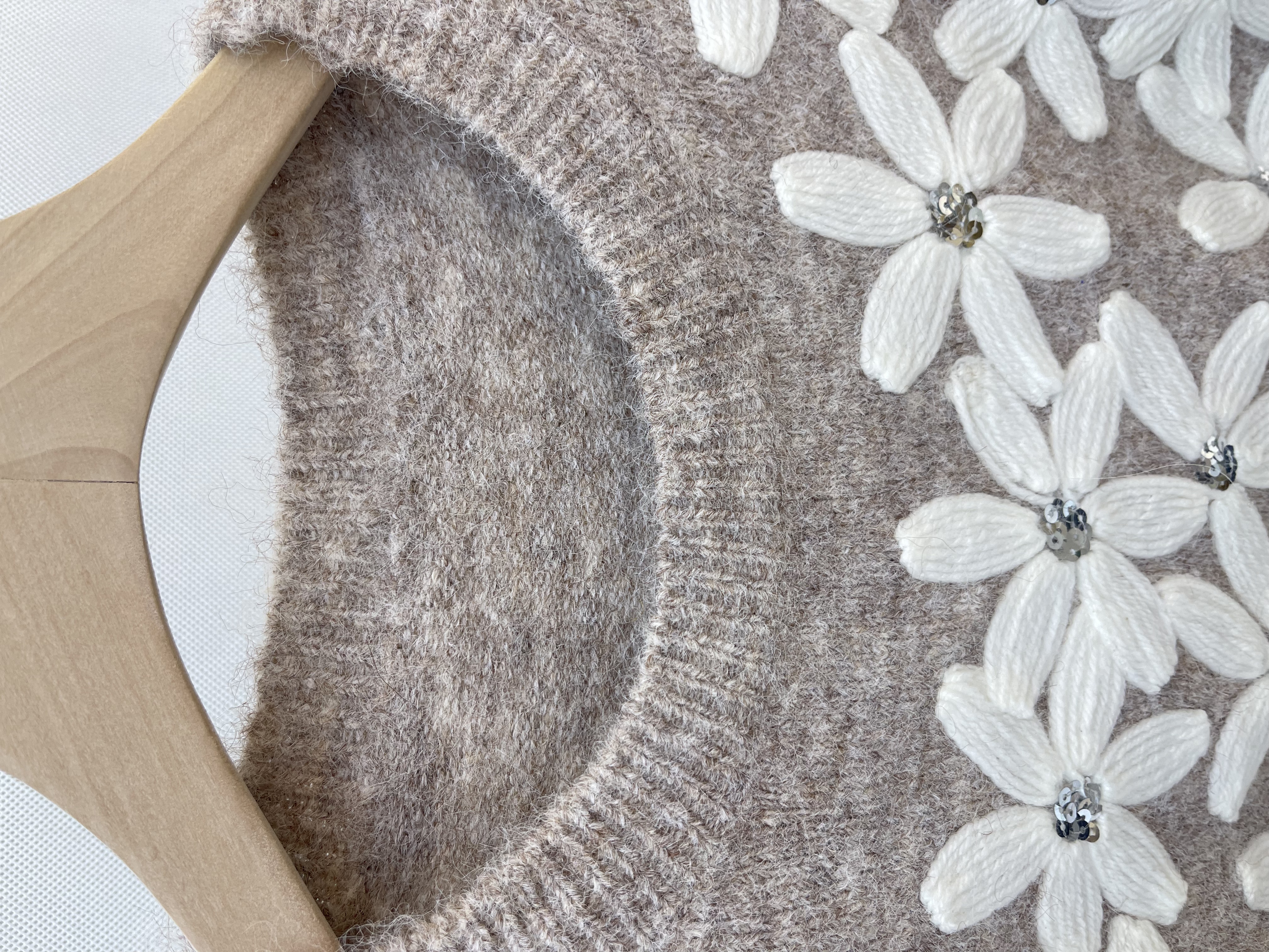 Grey Fuzzy Knit Sweater with Embroidered White Flowers and Rhinestones