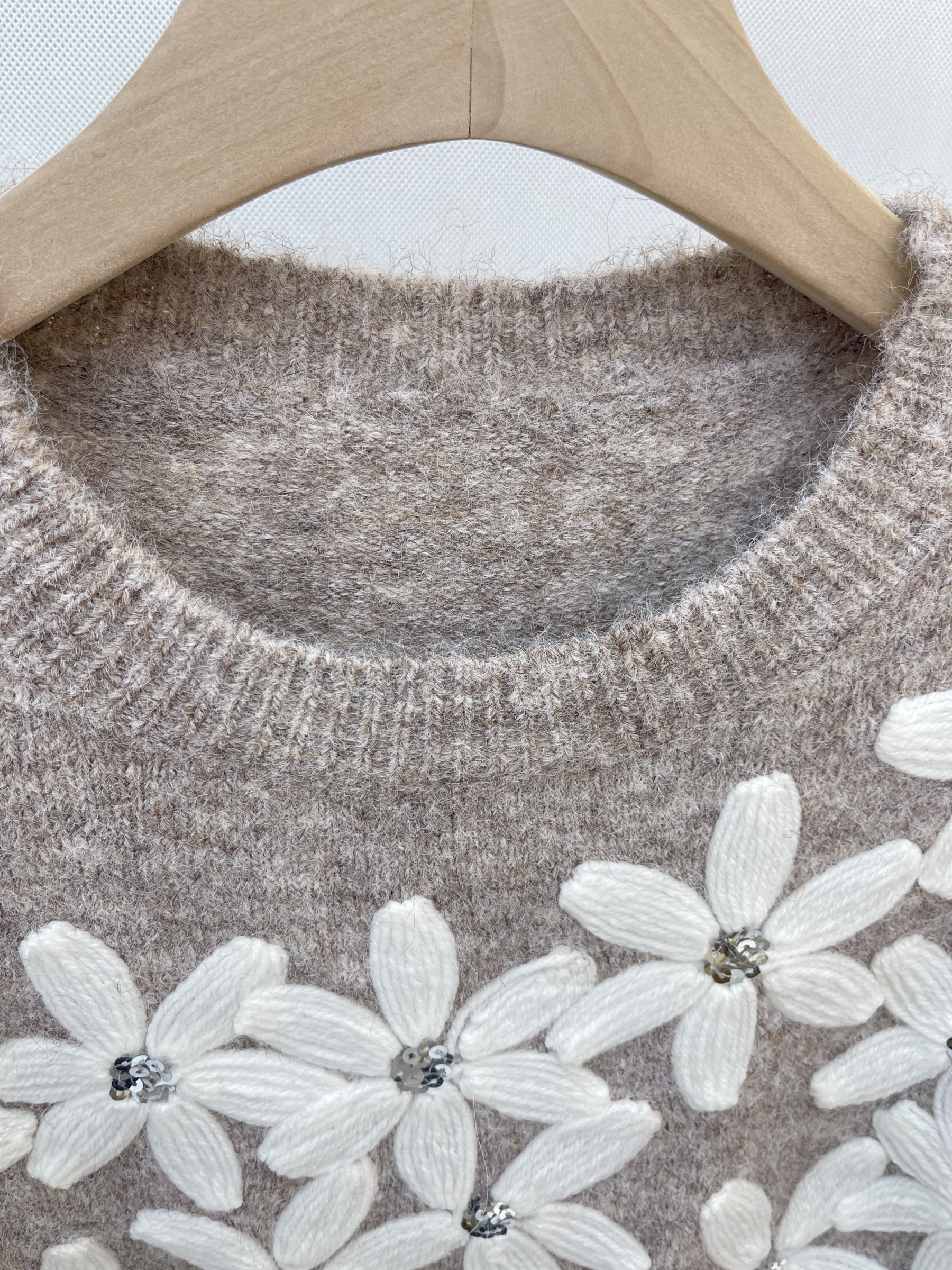 Grey Fuzzy Knit Sweater with Embroidered White Flowers and Rhinestones