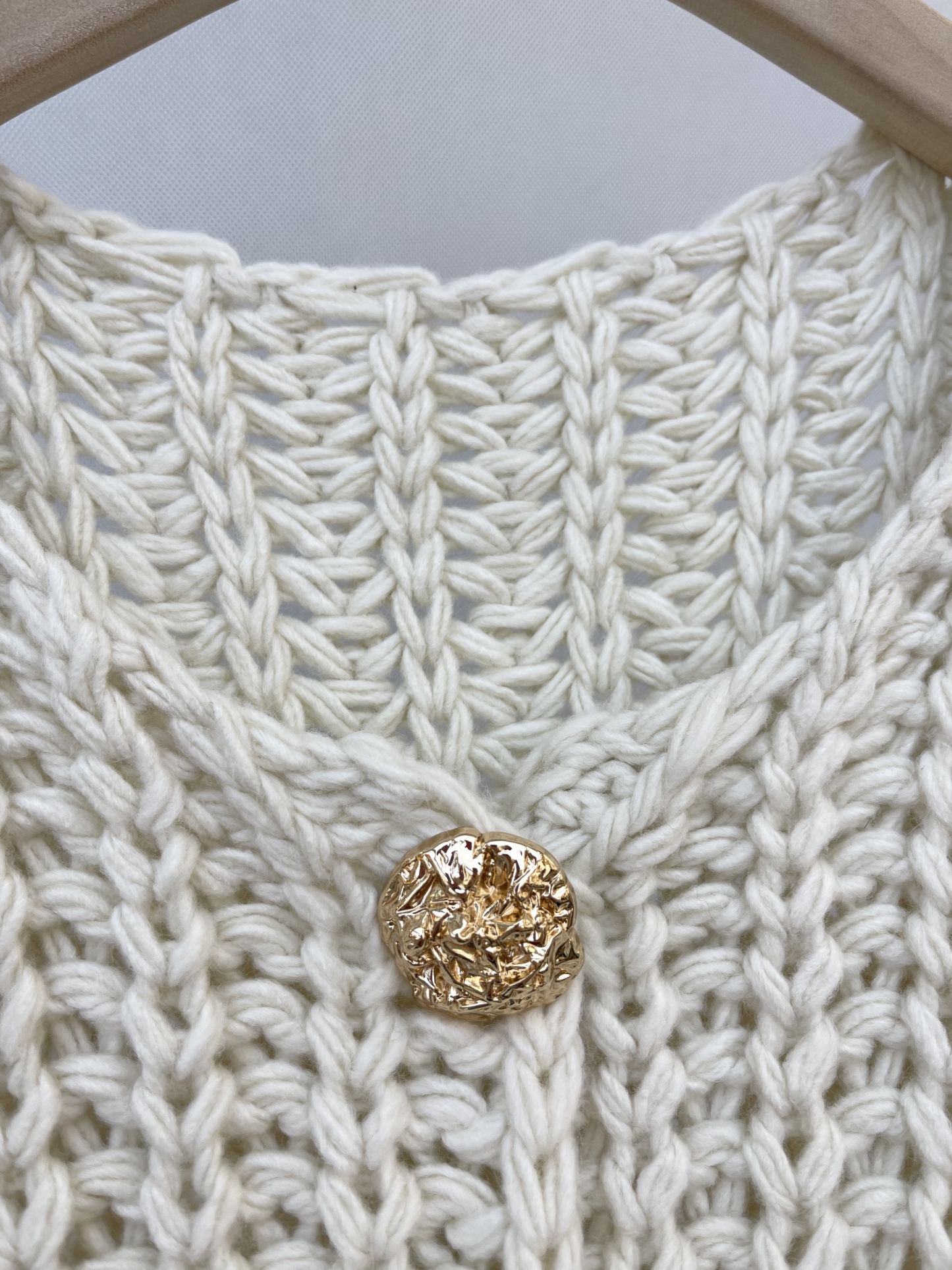 Hand - crocheted Vest - style Cardigan with Decorative Gold Fasteners