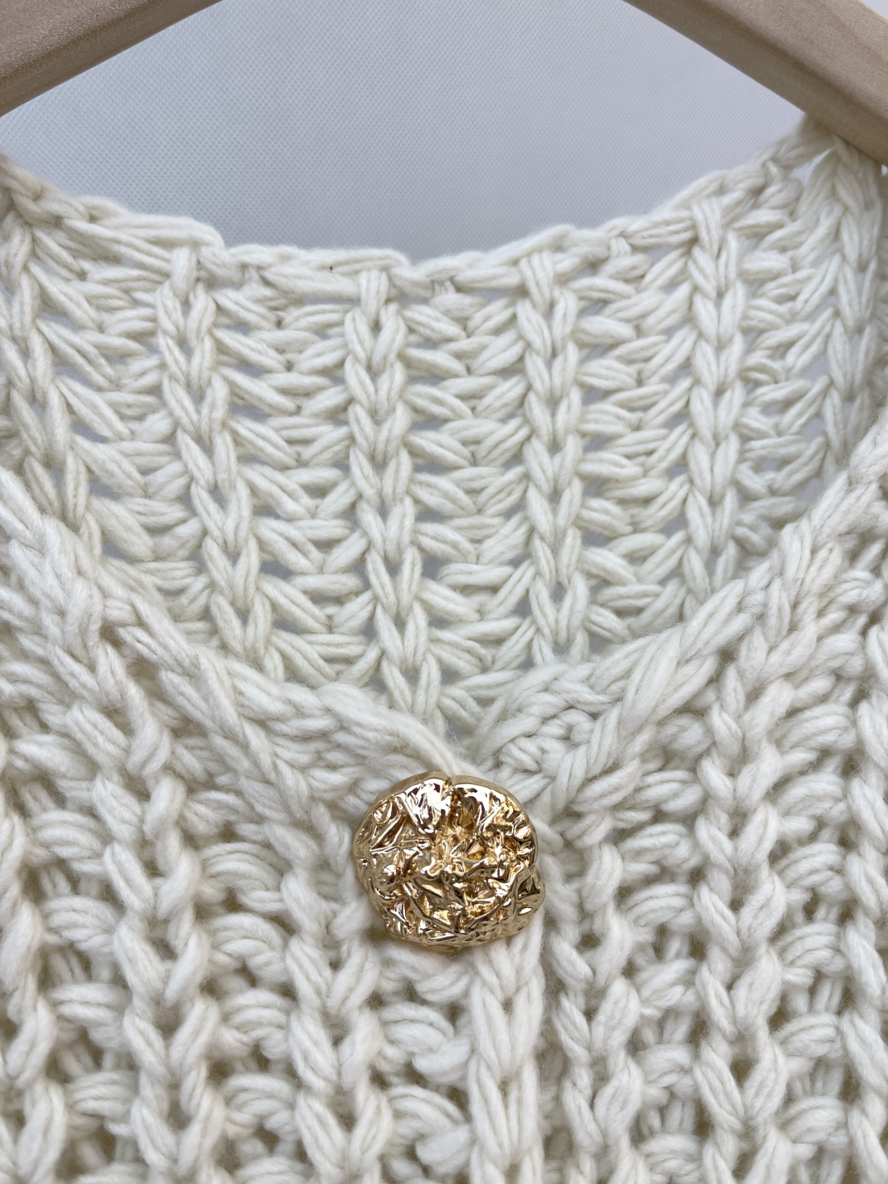 Hand - crocheted Vest - style Cardigan with Decorative Gold Fasteners