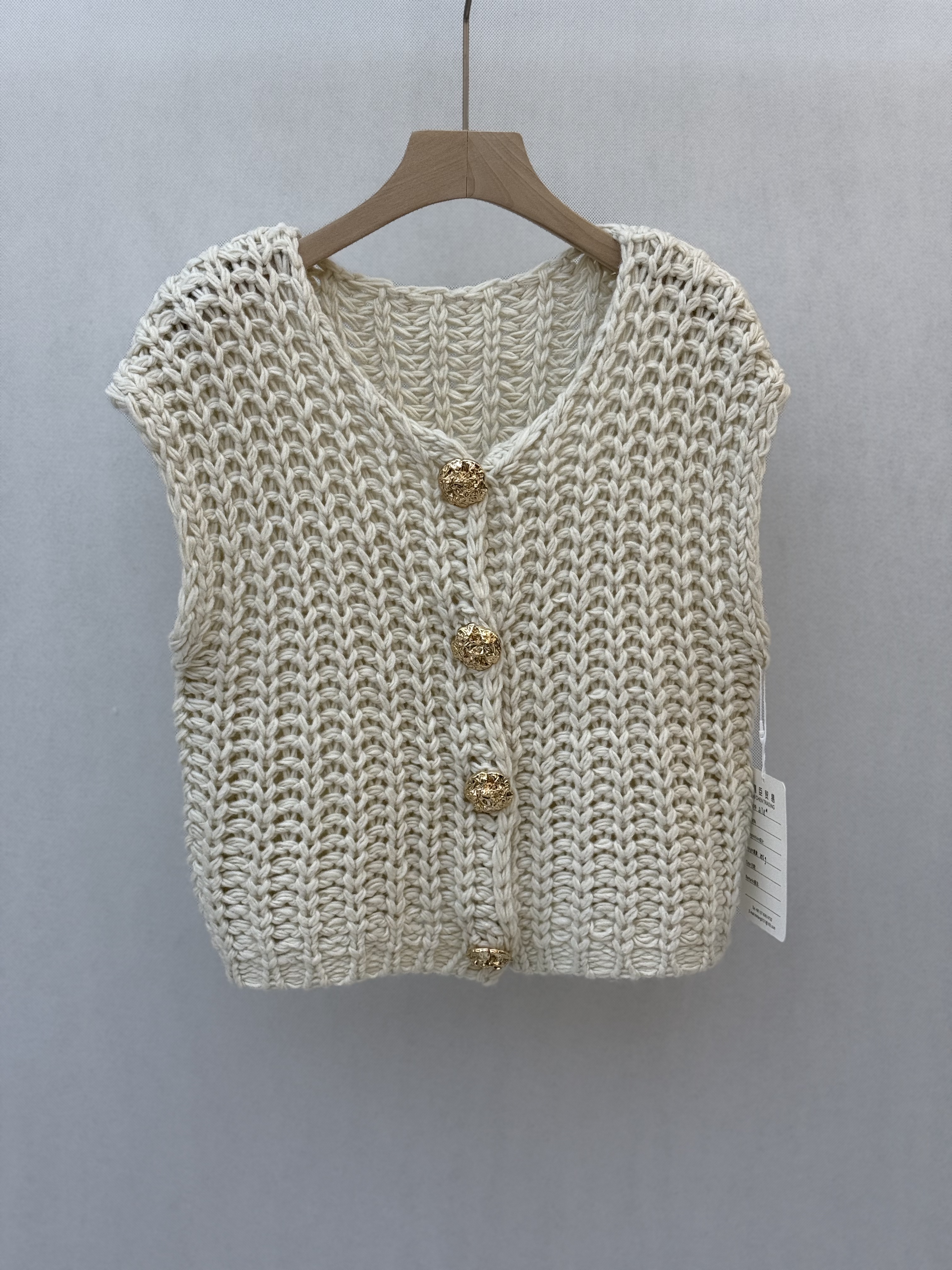 Hand - crocheted Vest - style Cardigan with Decorative Gold Fasteners