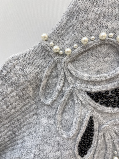 Crew - neck Knit Pullover in Grey with Decorative Beaded and Sequined Motifs
