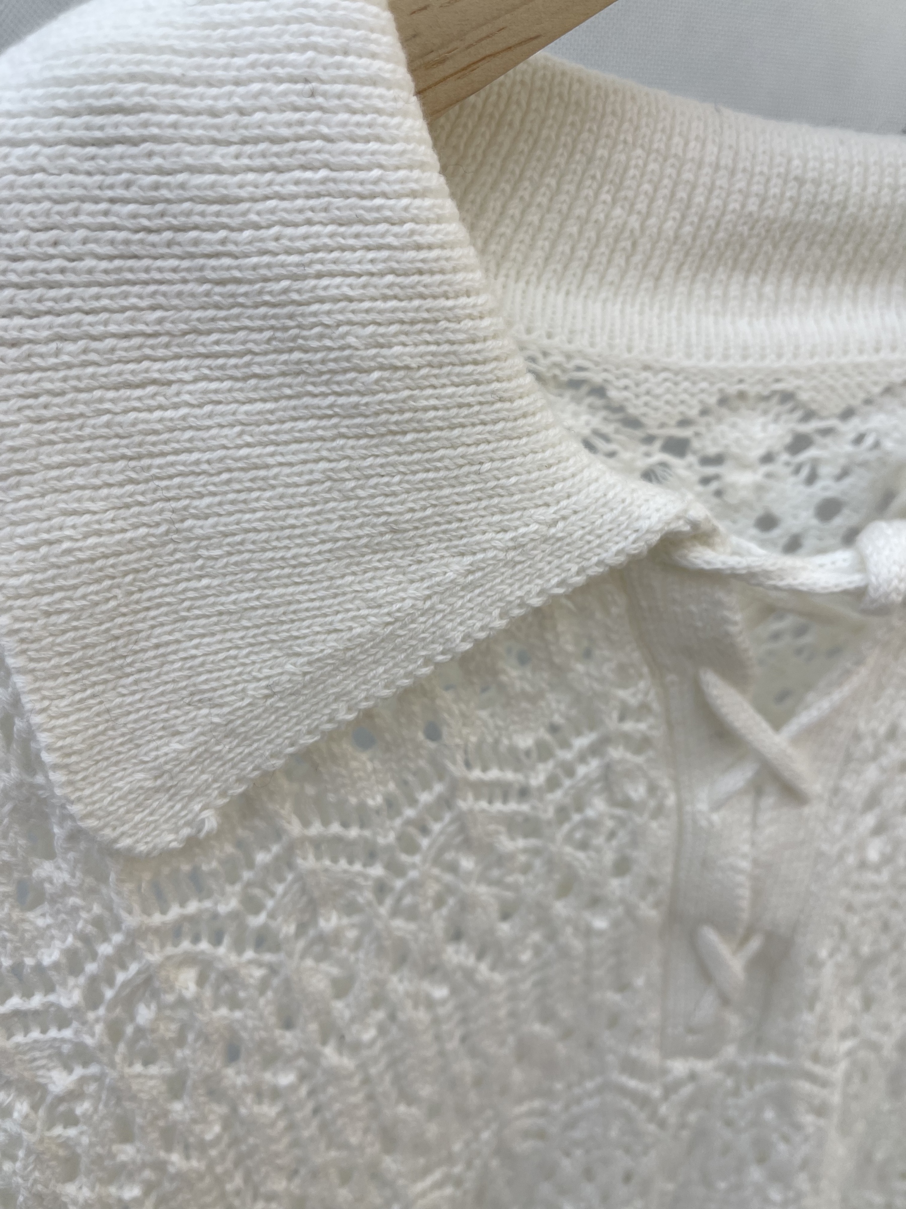 Ivory Crochet Knit Top with Collar and Lace - up Detail