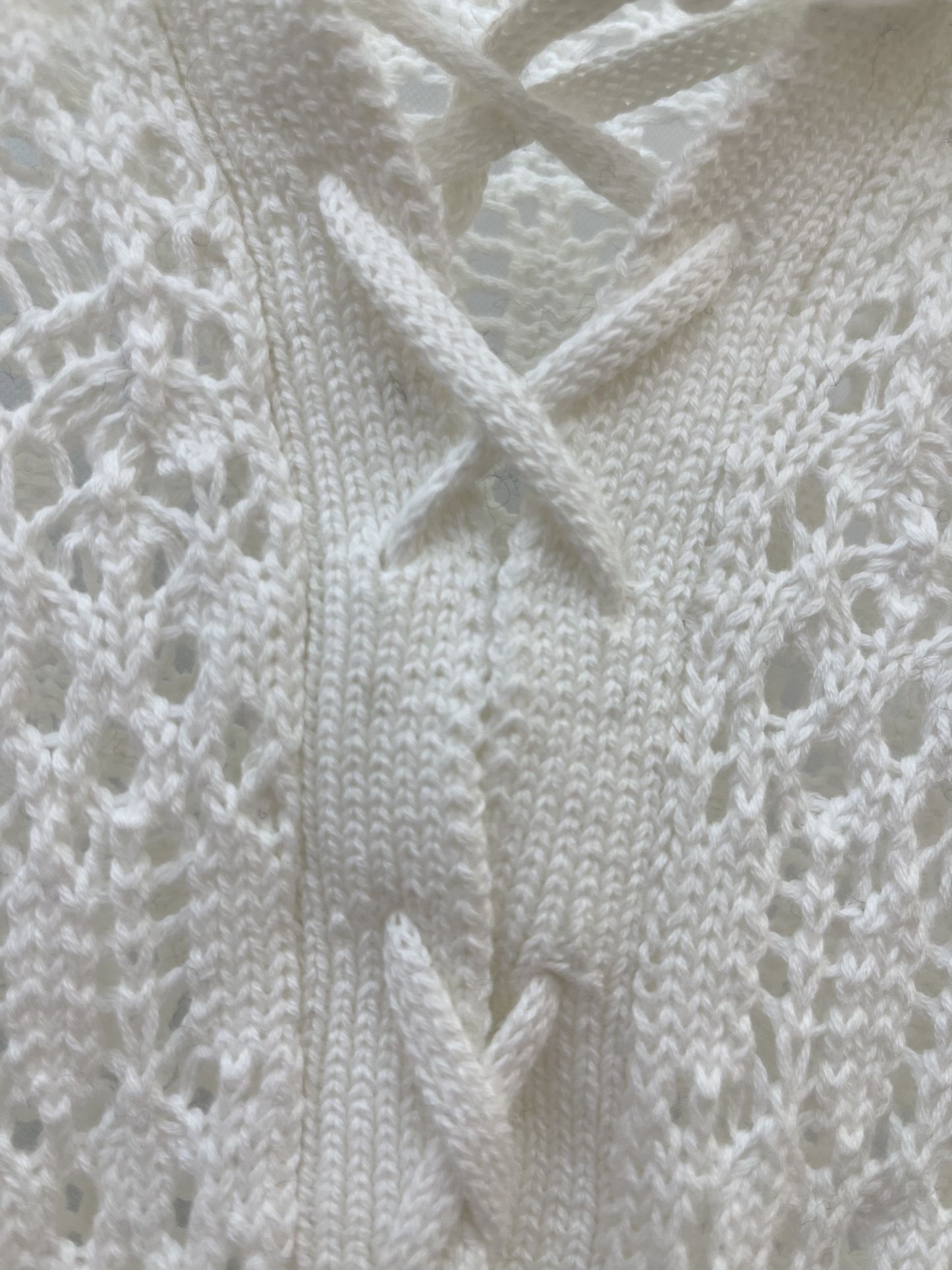 Ivory Crochet Knit Top with Collar and Lace - up Detail