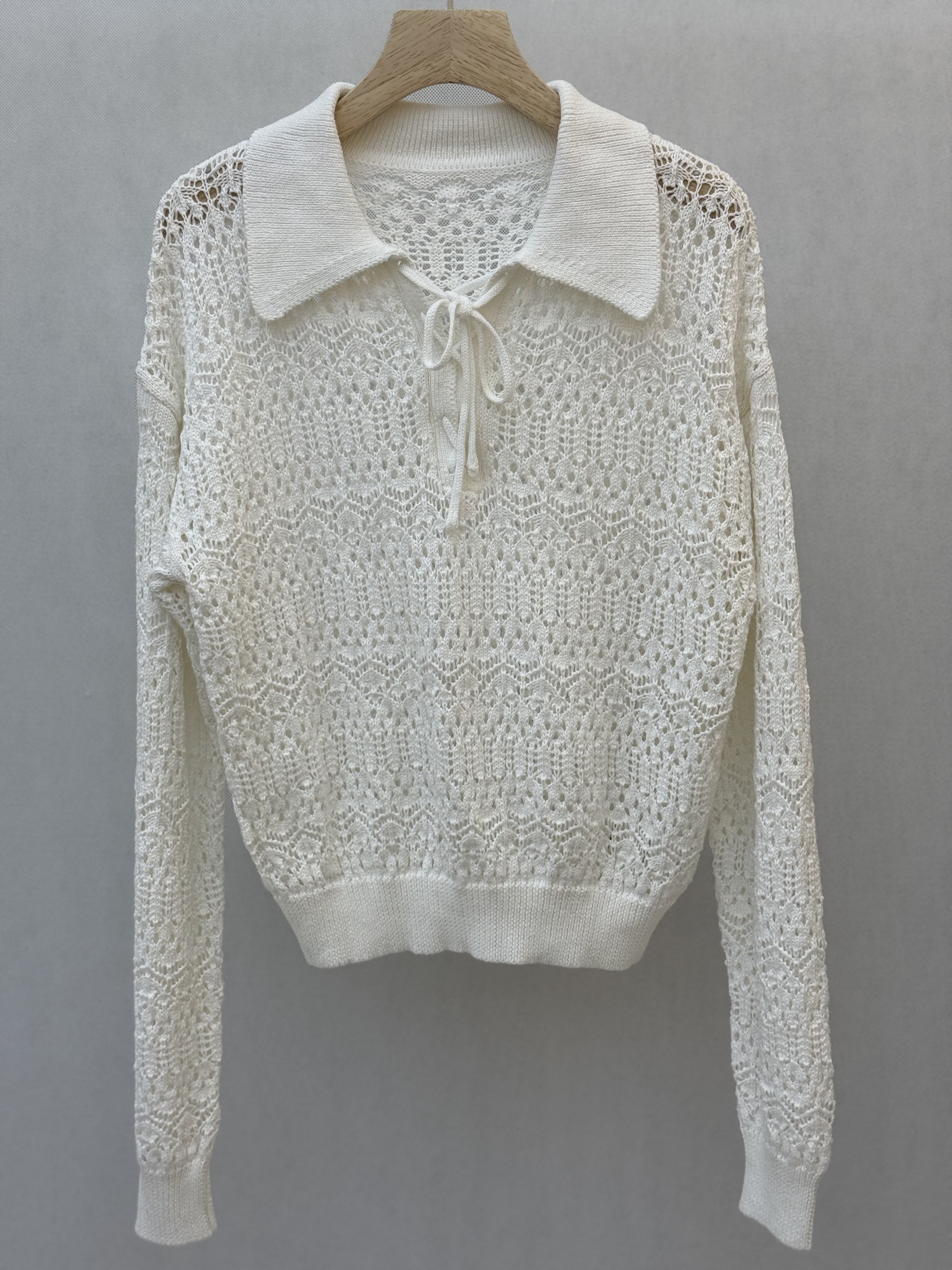 Ivory Crochet Knit Top with Collar and Lace - up Detail