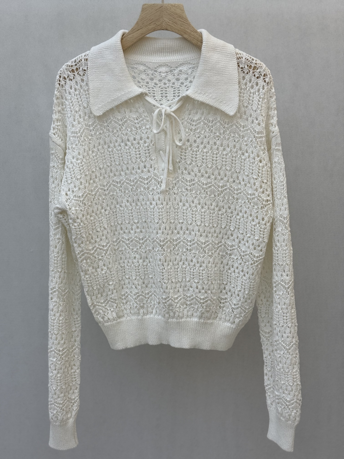 Ivory Crochet Knit Top with Collar and Lace - up Detail