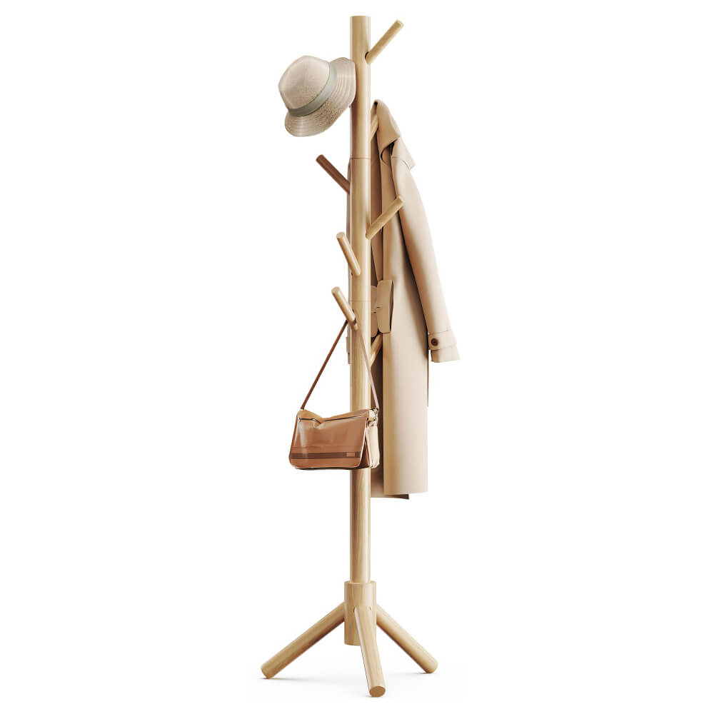 Height-Adjustable Freestanding Wooden Coat Rack with 8 Hooks Polished Brown Finish