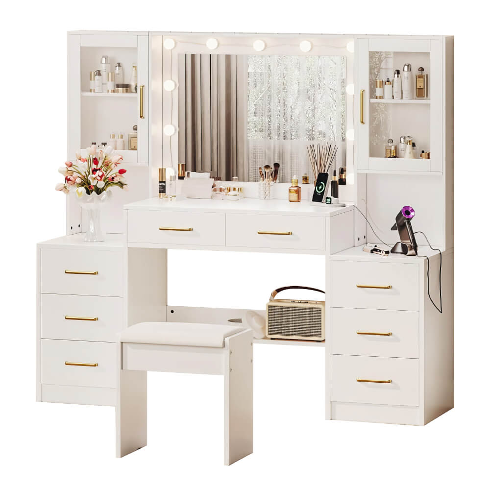 Makeup Vanity with Lights and Charging Station Bedroom Makeup Table Set