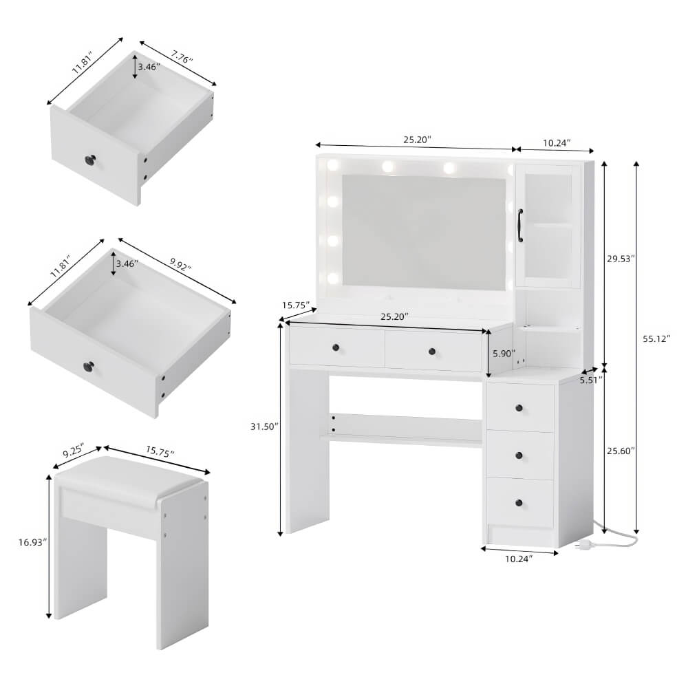 Makeup Vanity with Lights and Charging Station Bedroom Makeup Table Set