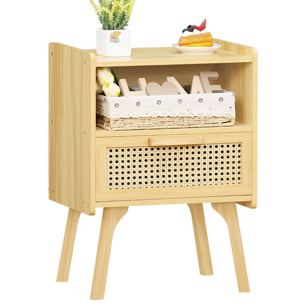 Rattan Nightstand Cane Accent Bedside End Table with Solid Wood Legs