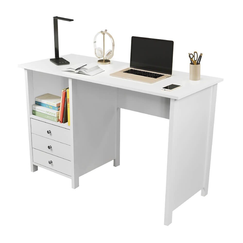 Modern White Home Office Desk with 3 Storage Drawers and Open Shelf