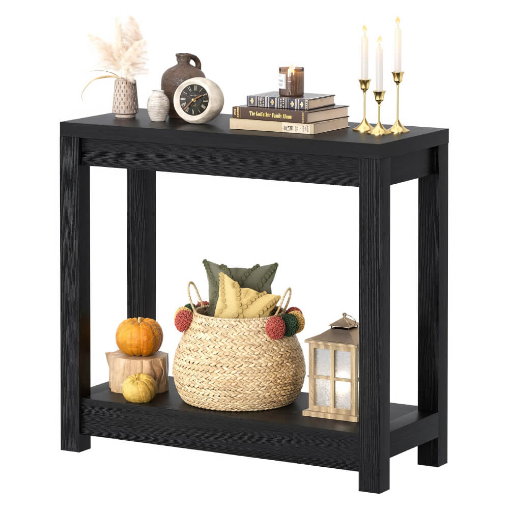 47 inches Black Farmhouse Wood Console Table with Shelves and Storage