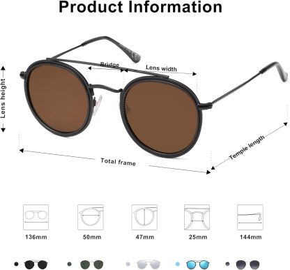SOthtJOS Retro Vintage Round Polarized Sunglasses for Women Men Small Double Bridge Circle Sunnies SJ1104