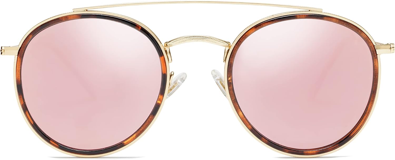 SOthtJOS Retro Vintage Round Polarized Sunglasses for Women Men Small Double Bridge Circle Sunnies SJ1104