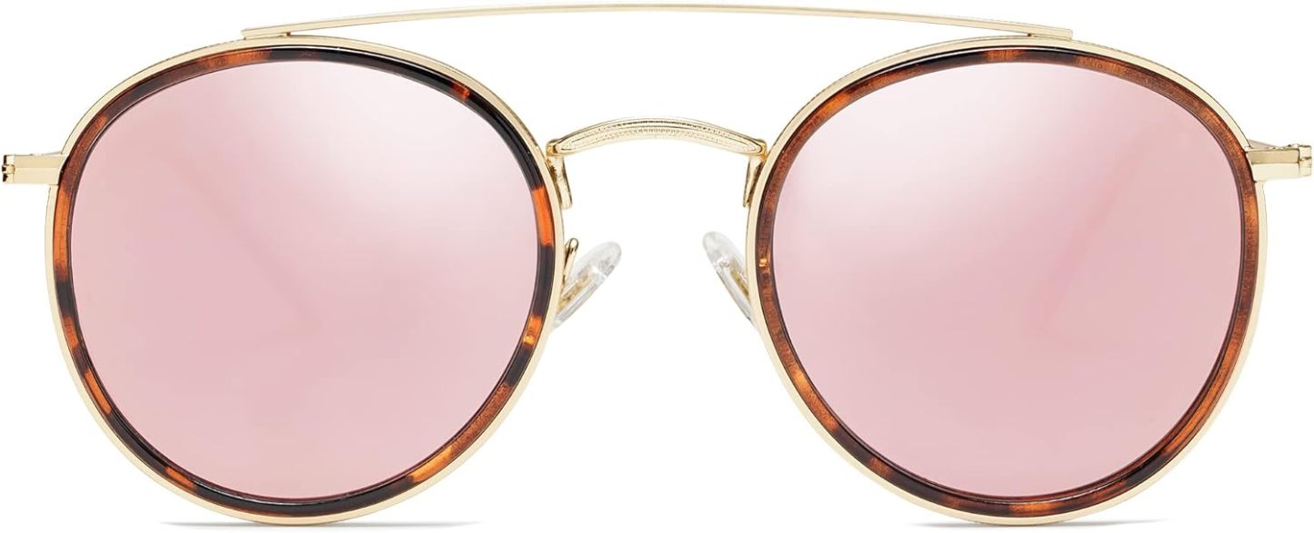 SOthtJOS Retro Vintage Round Polarized Sunglasses for Women Men Small Double Bridge Circle Sunnies SJ1104