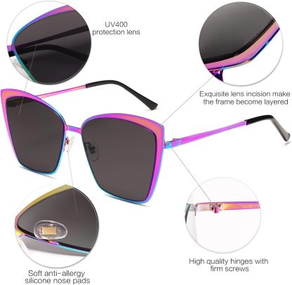 SOthtJOS Cateye Sunglasses for Women Fashion Mirrored Lens Metal Frame SJ1086