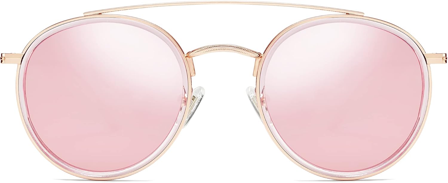 SOthtJOS Retro Vintage Round Polarized Sunglasses for Women Men Small Double Bridge Circle Sunnies SJ1104