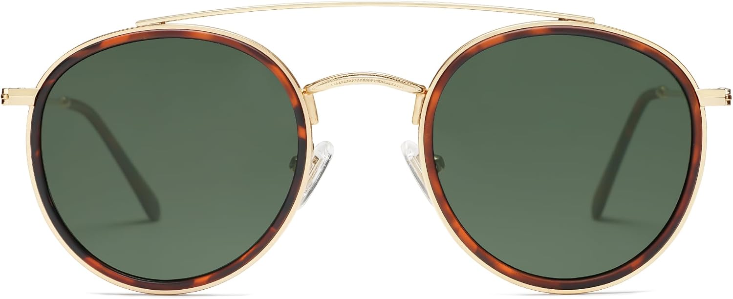 SOthtJOS Retro Vintage Round Polarized Sunglasses for Women Men Small Double Bridge Circle Sunnies SJ1104
