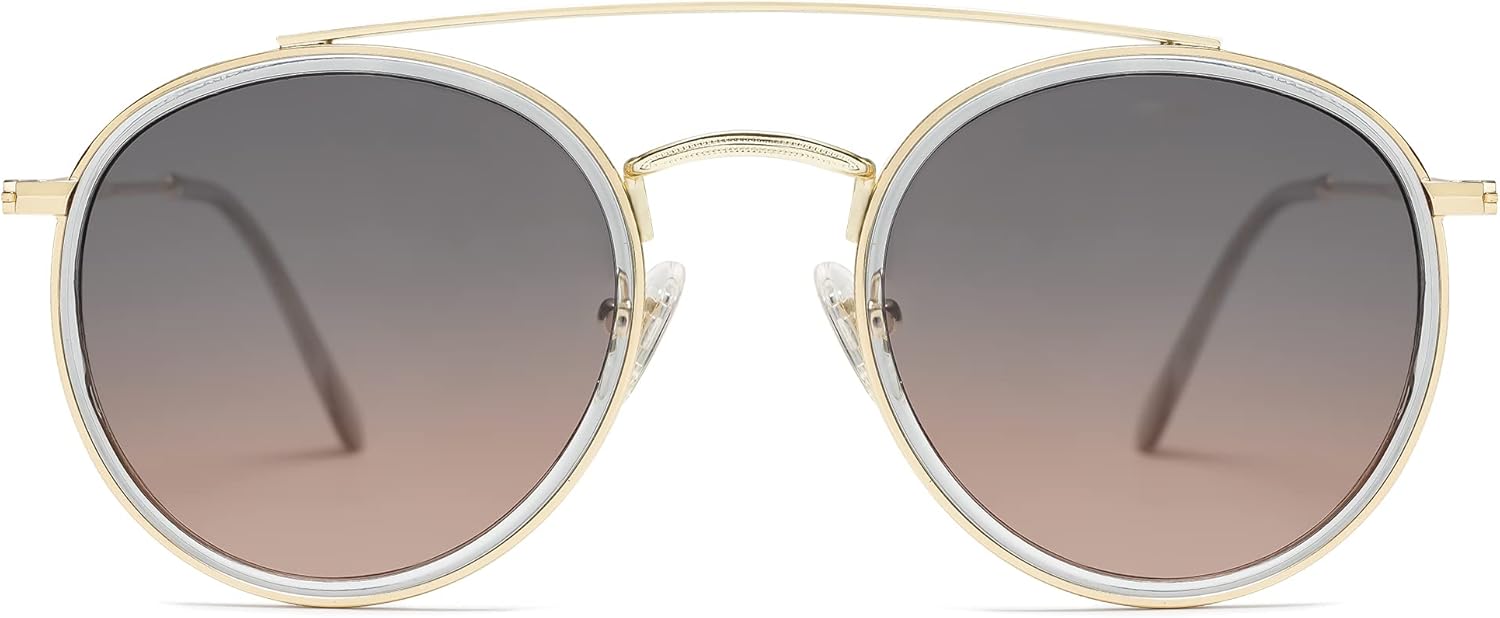 SOthtJOS Retro Vintage Round Polarized Sunglasses for Women Men Small Double Bridge Circle Sunnies SJ1104