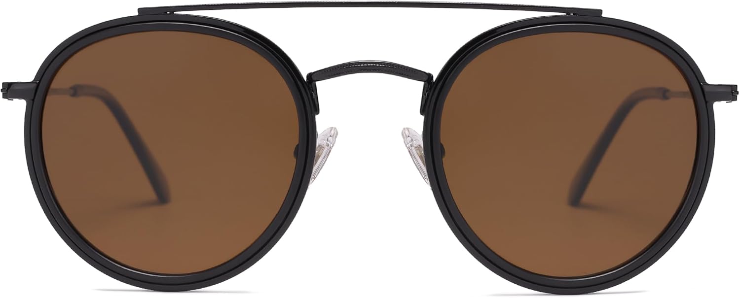 SOthtJOS Retro Vintage Round Polarized Sunglasses for Women Men Small Double Bridge Circle Sunnies SJ1104