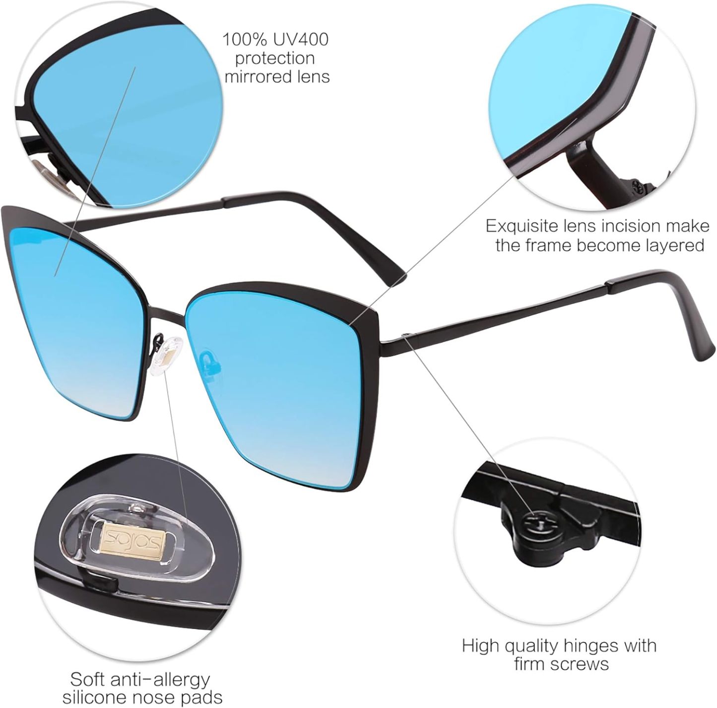 SOthtJOS Cateye Sunglasses for Women Fashion Mirrored Lens Metal Frame SJ1086