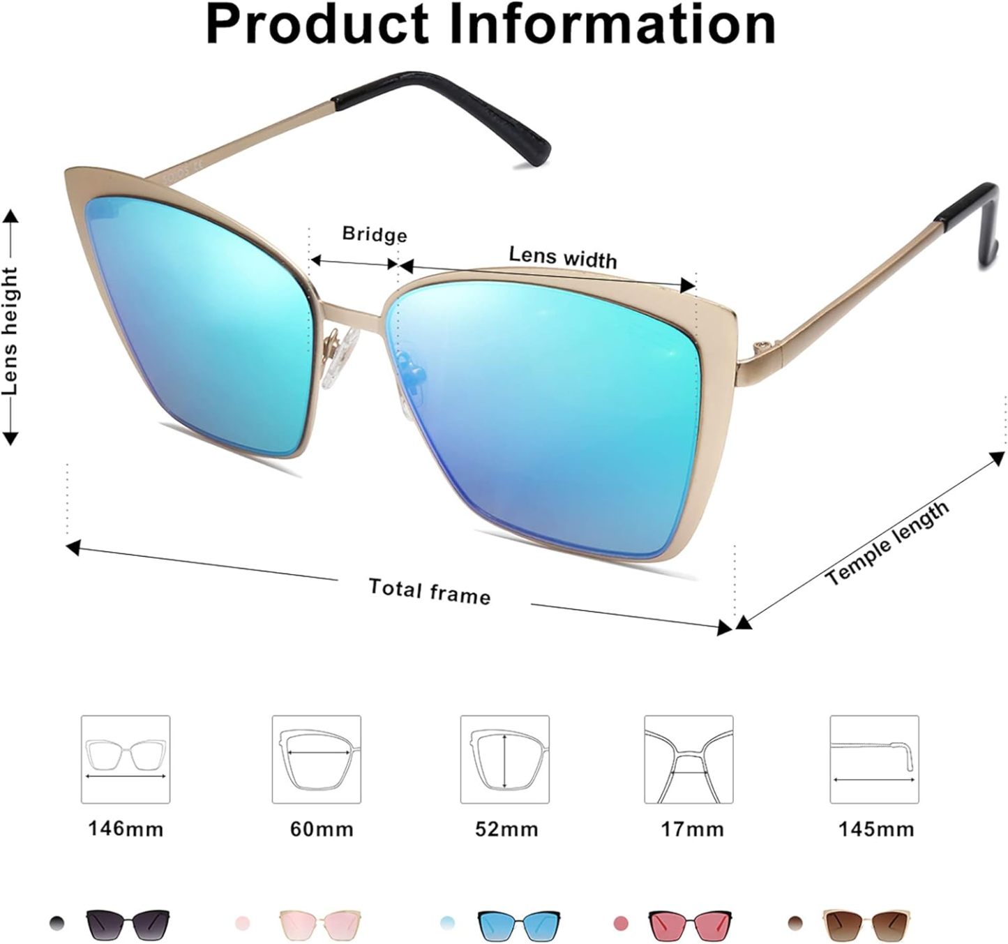 SOthtJOS Cateye Sunglasses for Women Fashion Mirrored Lens Metal Frame SJ1086
