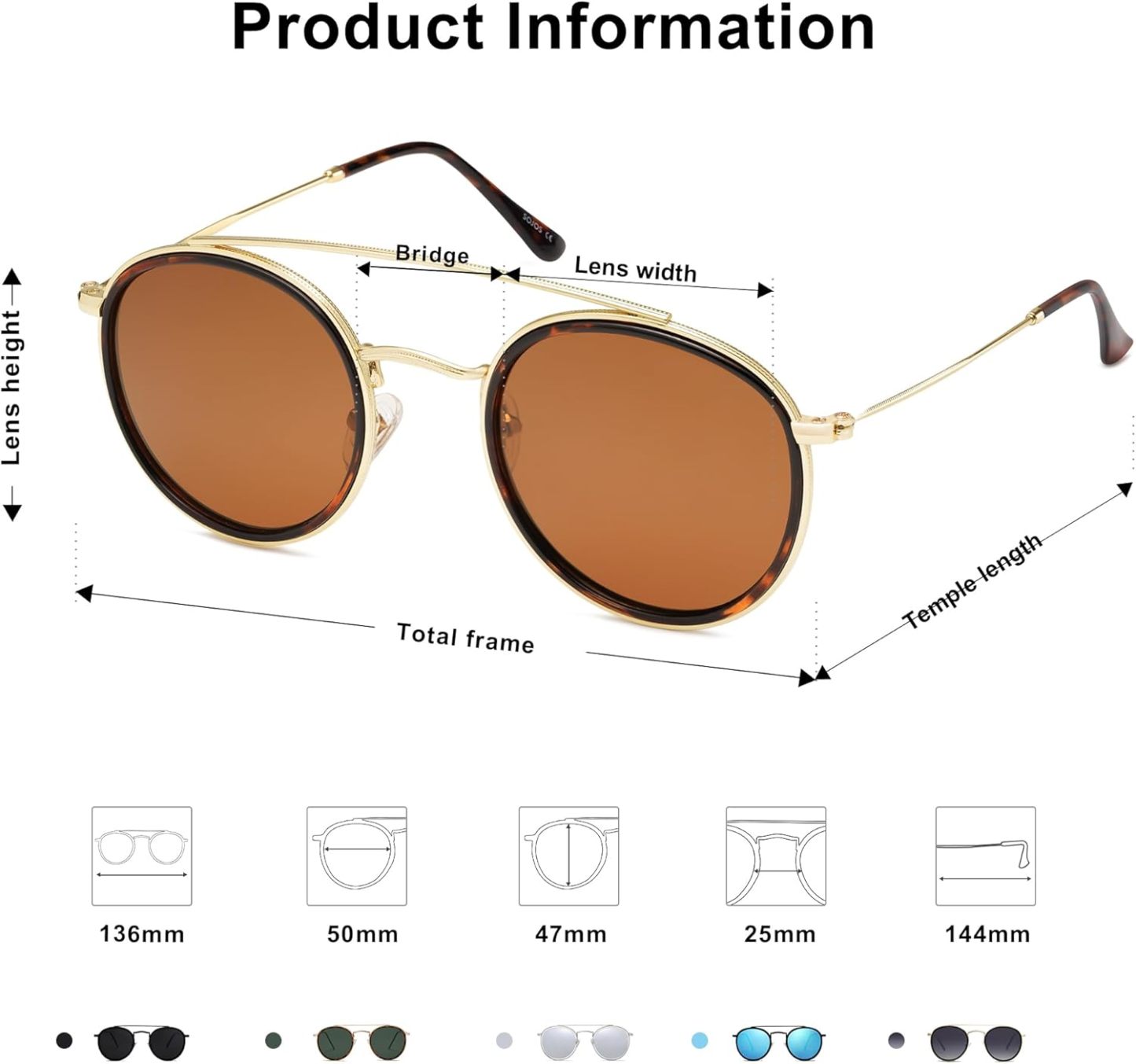 SOthtJOS Retro Vintage Round Polarized Sunglasses for Women Men Small Double Bridge Circle Sunnies SJ1104