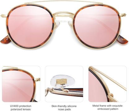 SOthtJOS Retro Vintage Round Polarized Sunglasses for Women Men Small Double Bridge Circle Sunnies SJ1104