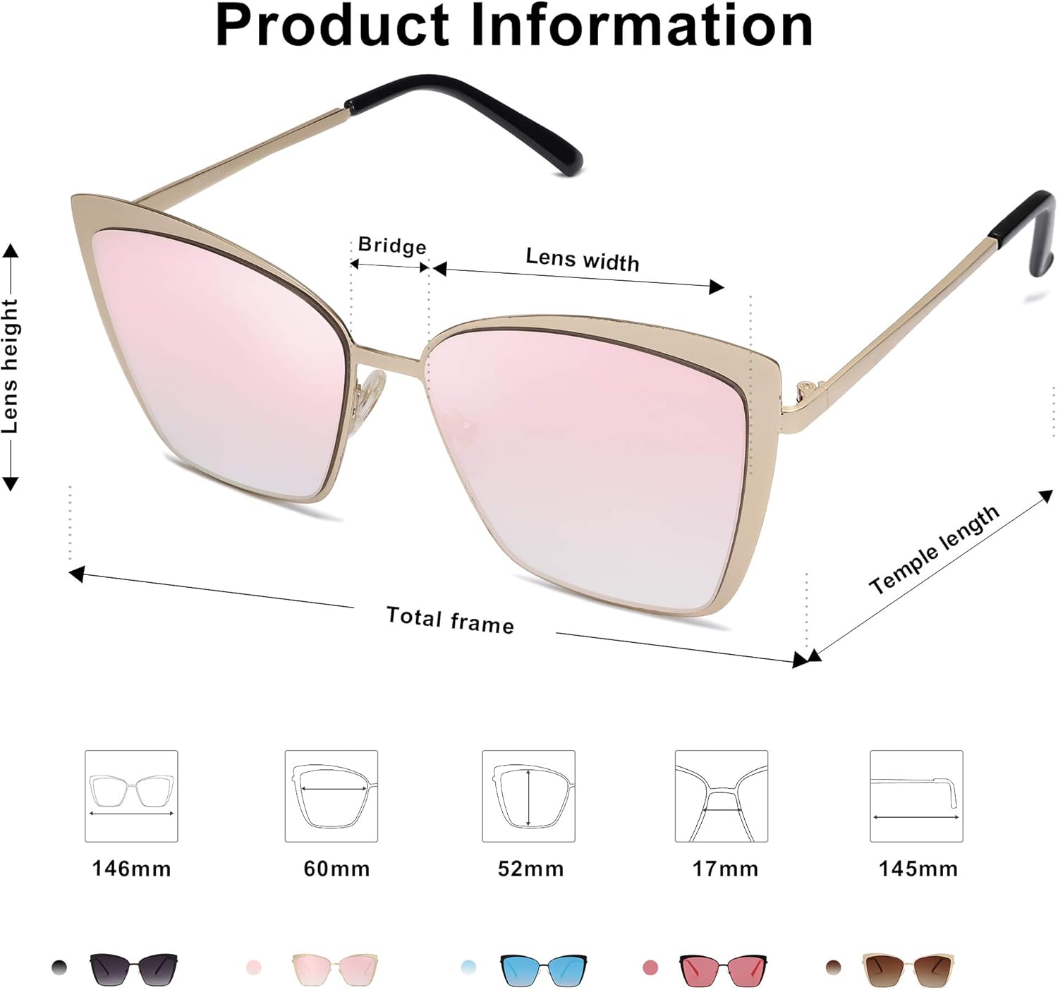 SOthtJOS Cateye Sunglasses for Women Fashion Mirrored Lens Metal Frame SJ1086