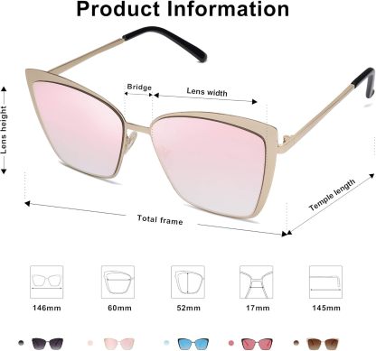 SOthtJOS Cateye Sunglasses for Women Fashion Mirrored Lens Metal Frame SJ1086