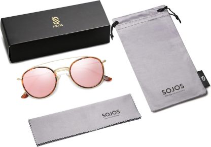 SOthtJOS Retro Vintage Round Polarized Sunglasses for Women Men Small Double Bridge Circle Sunnies SJ1104