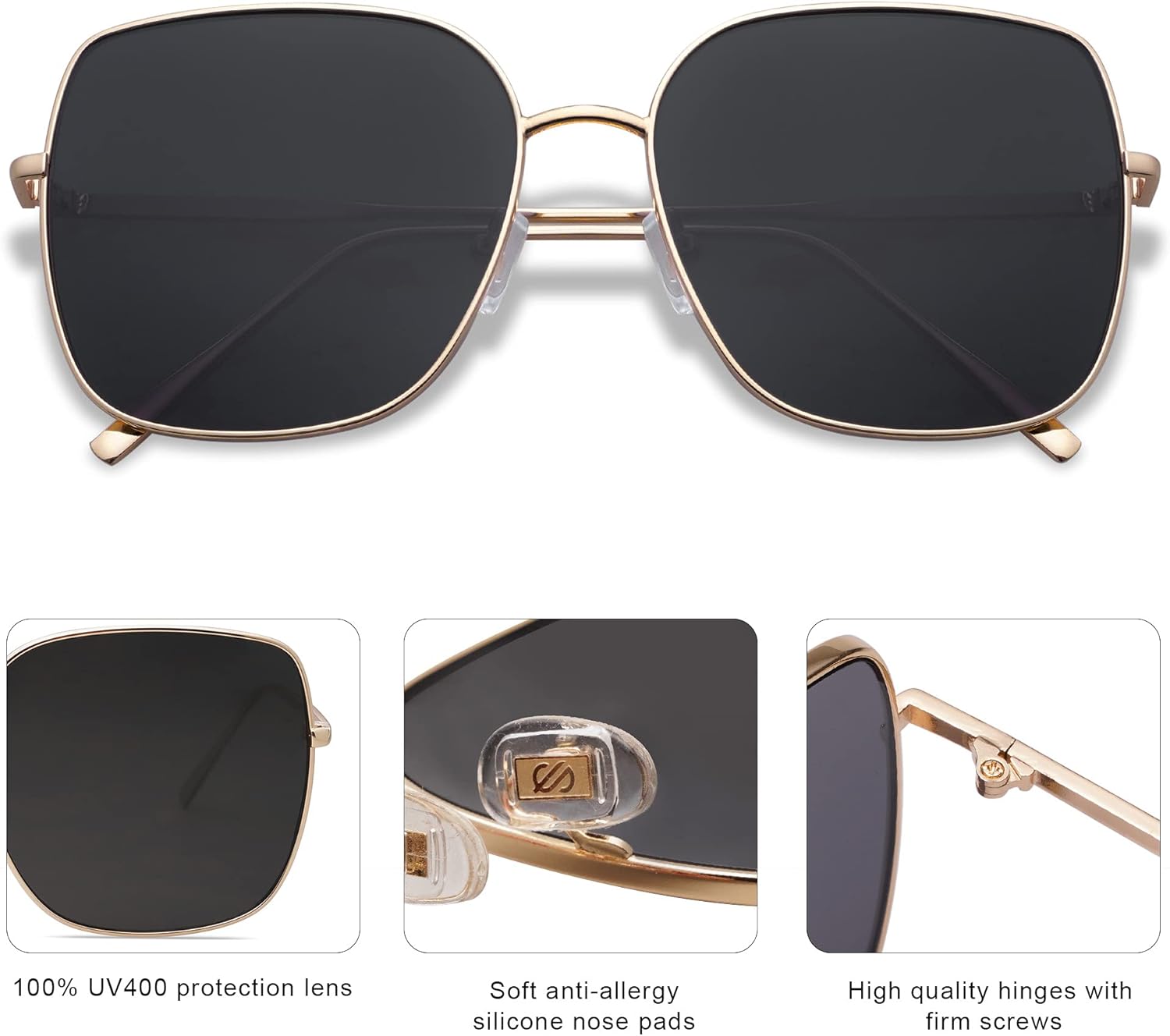 SOthtJOS Trendy Oversized Square Metal Frame Sunglasses for Women Men Retro Big Flat Lens UV Protection Sunglasses SJ1146