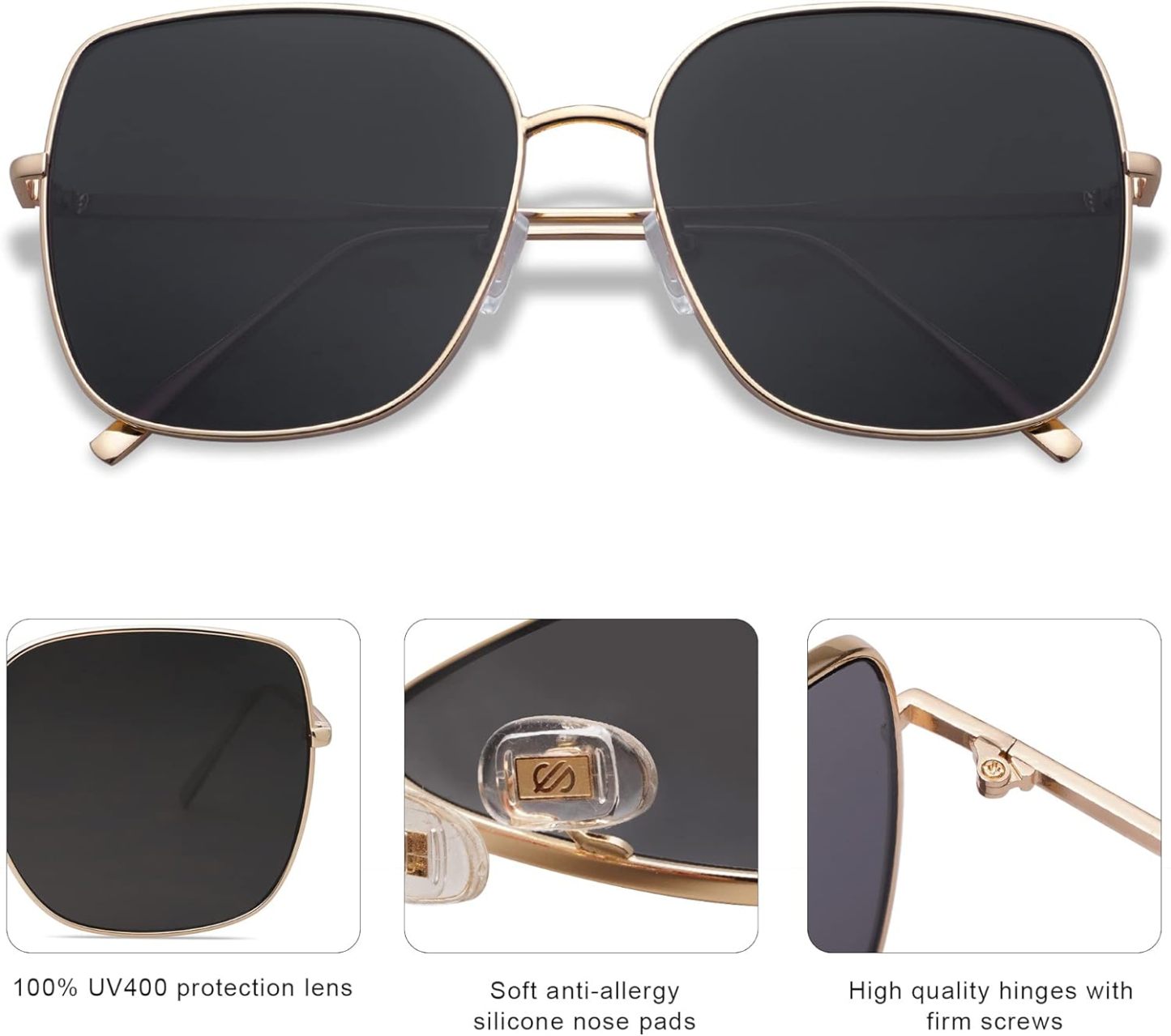 SOthtJOS Trendy Oversized Square Metal Frame Sunglasses for Women Men Retro Big Flat Lens UV Protection Sunglasses SJ1146
