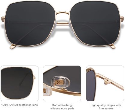 SOthtJOS Trendy Oversized Square Metal Frame Sunglasses for Women Men Retro Big Flat Lens UV Protection Sunglasses SJ1146