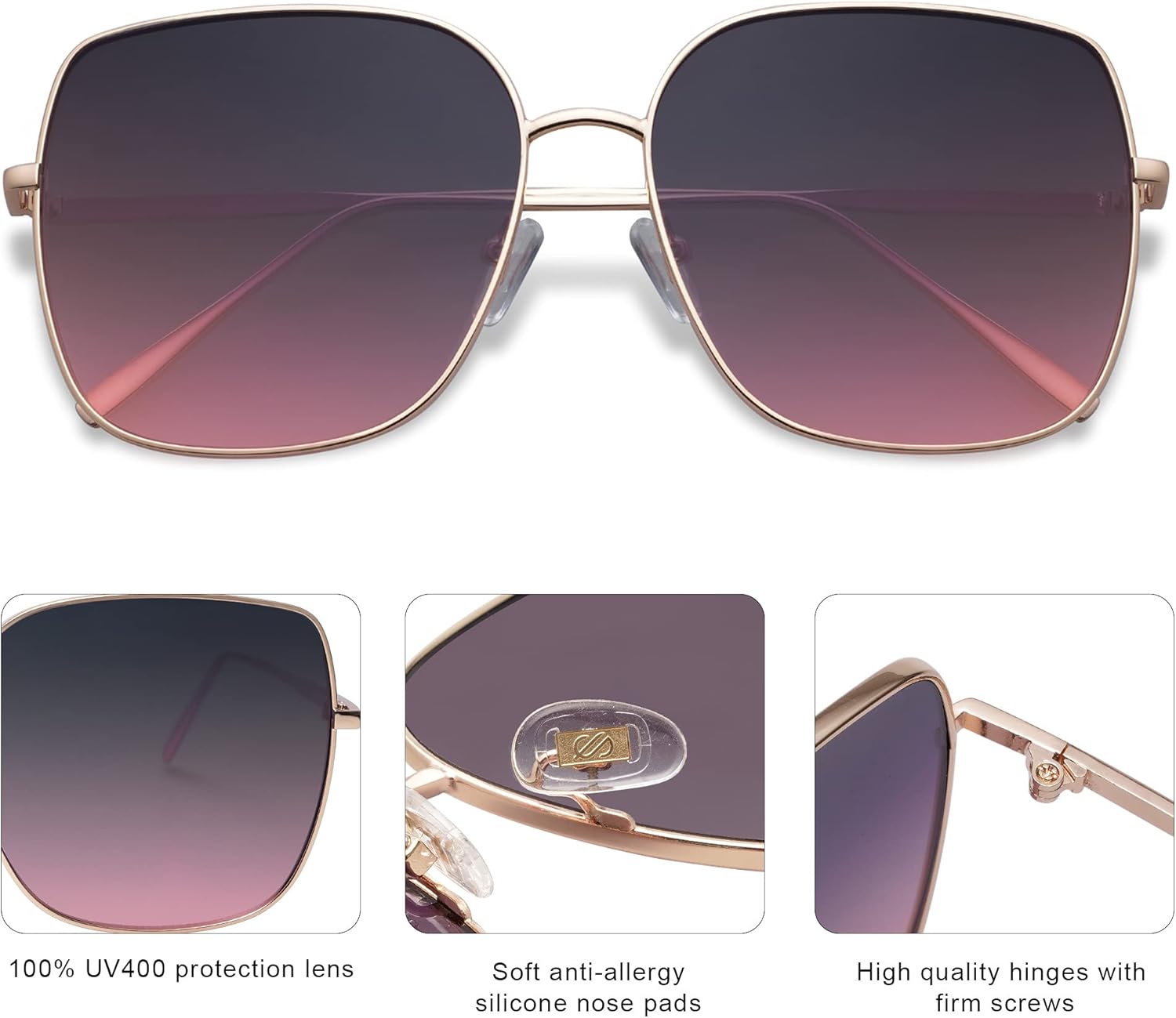 SOthtJOS Trendy Oversized Square Metal Frame Sunglasses for Women Men Retro Big Flat Lens UV Protection Sunglasses SJ1146