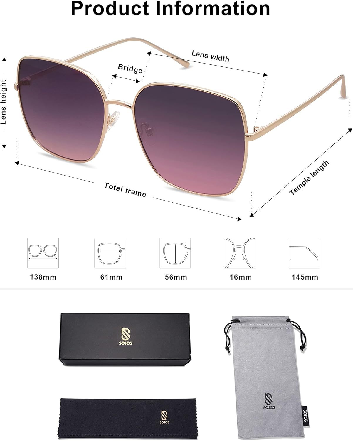 SOthtJOS Trendy Oversized Square Metal Frame Sunglasses for Women Men Retro Big Flat Lens UV Protection Sunglasses SJ1146