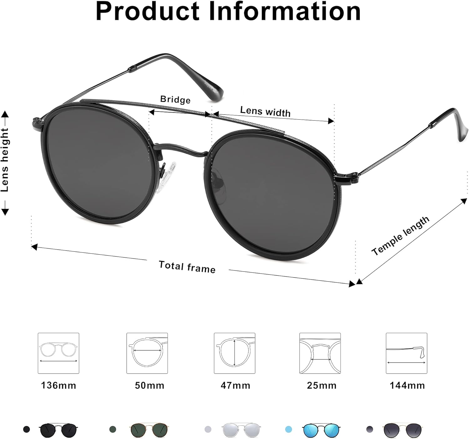 SOthtJOS Retro Vintage Round Polarized Sunglasses for Women Men Small Double Bridge Circle Sunnies SJ1104