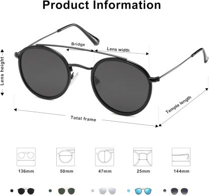 SOthtJOS Retro Vintage Round Polarized Sunglasses for Women Men Small Double Bridge Circle Sunnies SJ1104