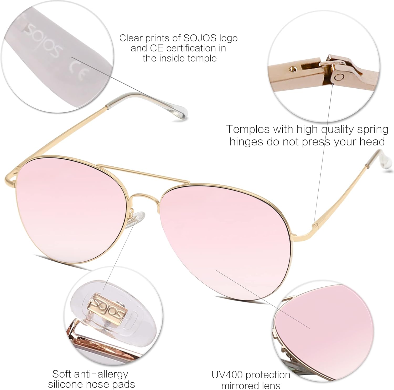 SOthtJOS Classic Aviator Sunglasses for Women Men Metal Spring Hinges SJ1030