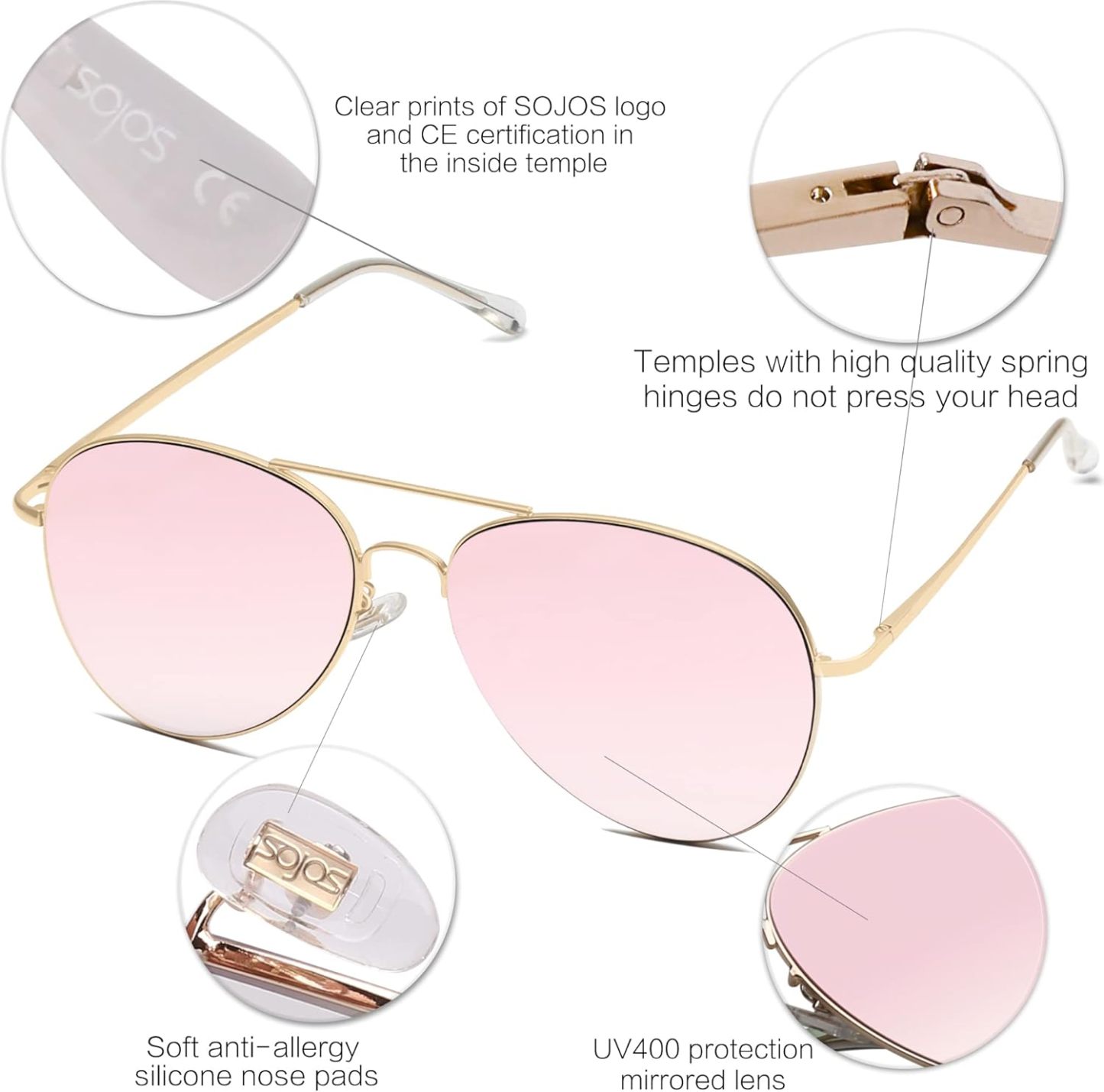 SOthtJOS Classic Aviator Sunglasses for Women Men Metal Spring Hinges SJ1030