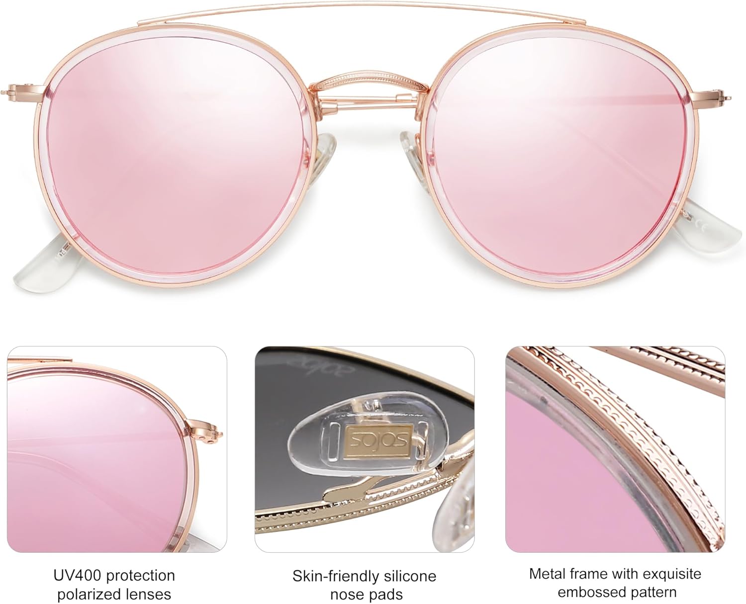 SOthtJOS Retro Vintage Round Polarized Sunglasses for Women Men Small Double Bridge Circle Sunnies SJ1104