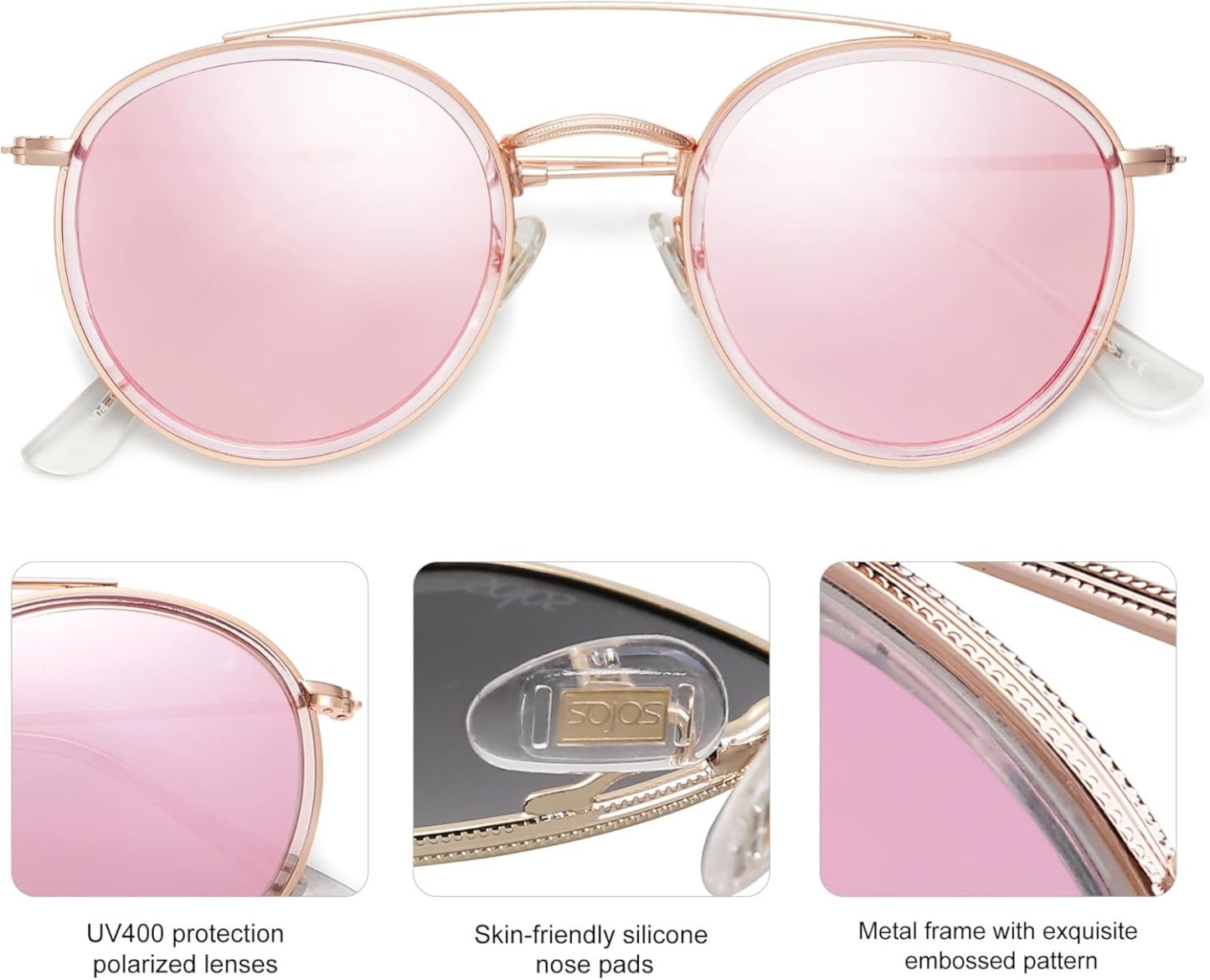 SOthtJOS Retro Vintage Round Polarized Sunglasses for Women Men Small Double Bridge Circle Sunnies SJ1104