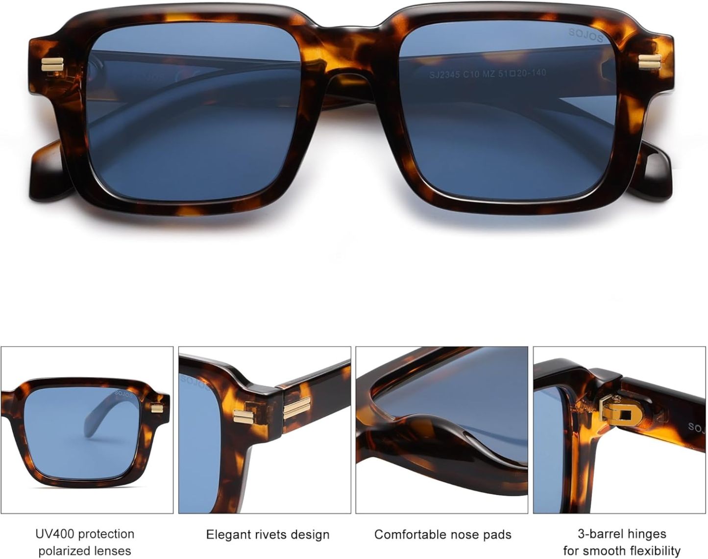 SOthtJOS Trendy Square Polarized Sunglasses for Women, 70s 80s Retro Rectangle Shades SJ2345